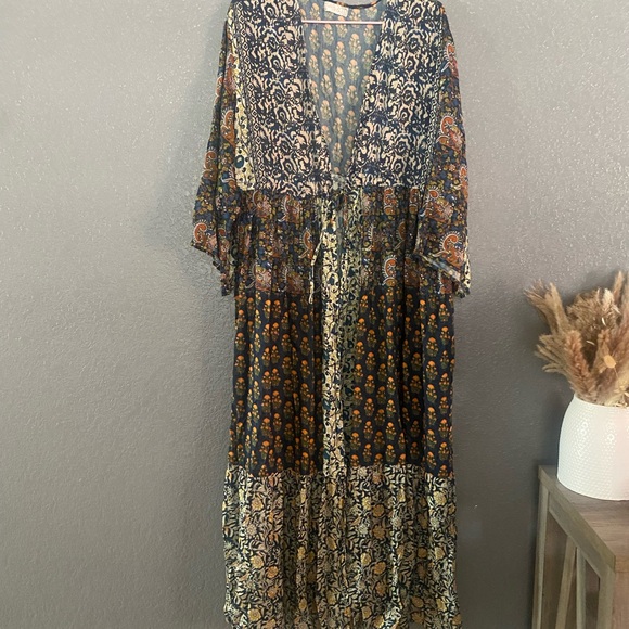 FREE PEOPLE LONG GEO PRINT KIMONO OS MULTICOLOR PATCHWORK BOHO NWOT - Picture 3 of 8